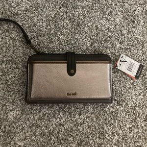 NWT The Sak Wallet Wristlet & Shoulder Strap Black W/ Metallic Color Leather